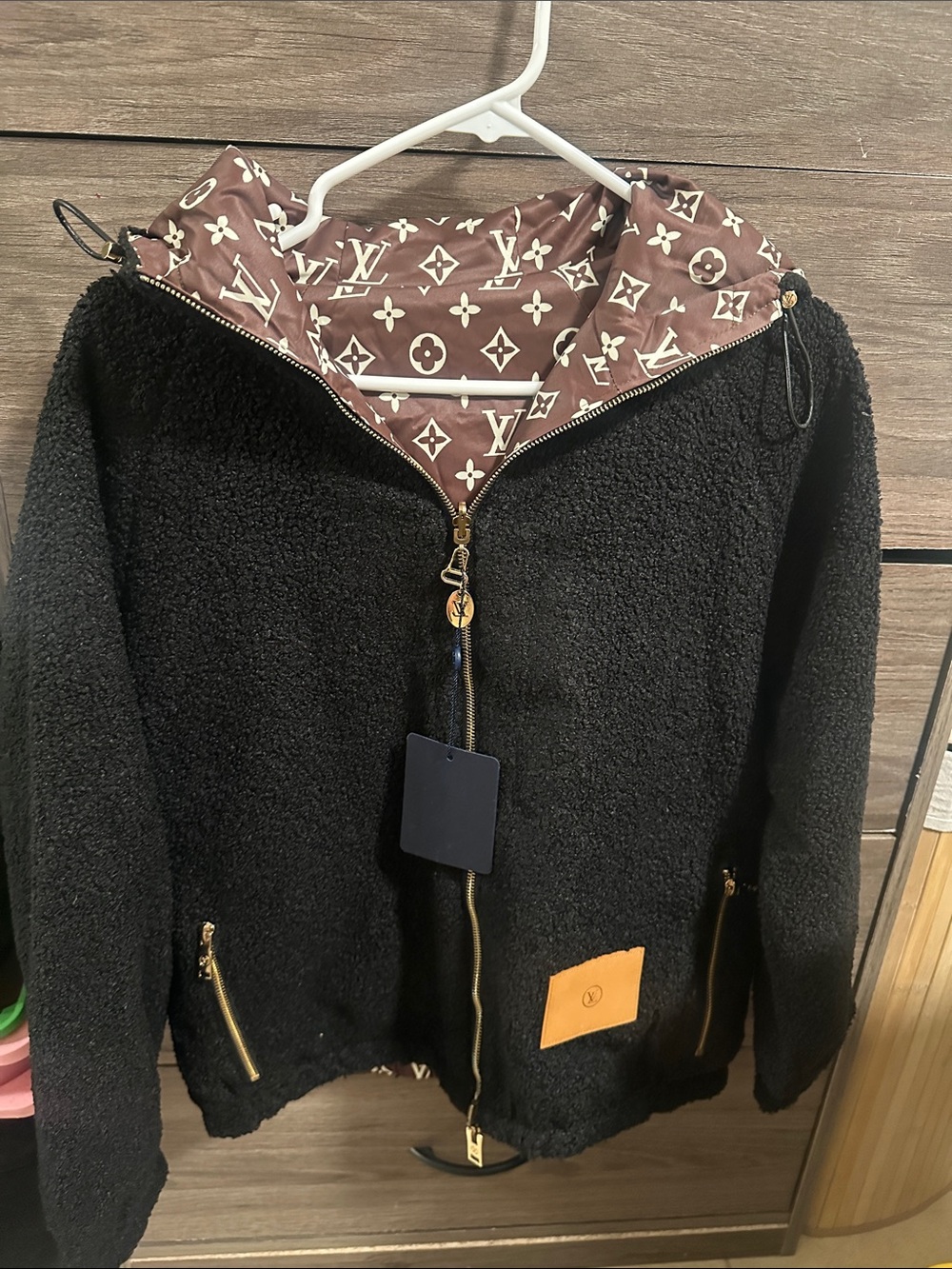 Black Sherpa Jacket with Brown Monogram Hood size M